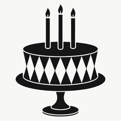 Stylized Birthday Cake Graphic with Three Lit Candles on a Pedestal, Black and White Simple Design