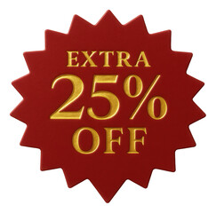 Red starburst sticker with EXTRA 25% OFF discount in elegant gold lettering, attractive retail promo offer on transparent background.