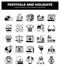 Collection of 25 Festivals and Holidays. Icons and Symbols of Celebrations