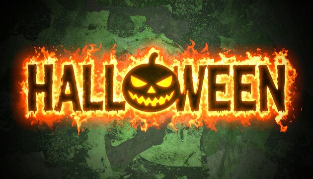 Fiery Halloween typography, blazing letters engulfed in flames, glowing pumpkin face in the middle, dark spooky background, cinematic horror poster style