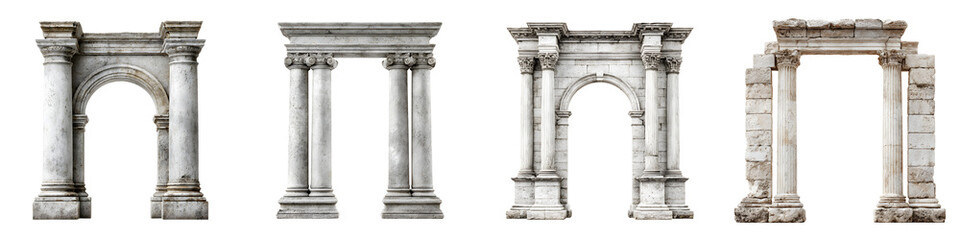 Fototapeta premium Four Ancient Stone Arches and Columns on a White Background
