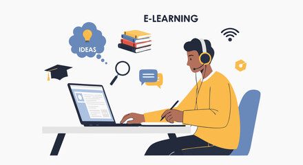 modern online learning environment with student engaging in digital education through computer and headphones for remote study and knowledge