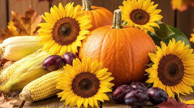 Autumn scene with pumpkins sunflowers corn plums and fall leaves on a rustic wooden surface