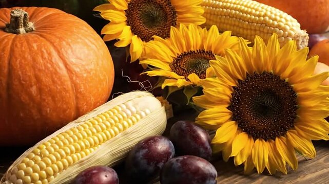Autumn Pumpkin corn sunflowers and plums on wooden surface