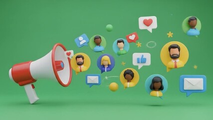 Megaphone broadcasts social media interactions with diverse users on a green background for marketing - Powered by Adobe
