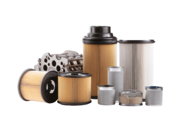 Product photography of industrial filter components in workshop