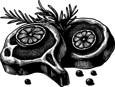 black and white steak with lemon and rosemary clip art preview