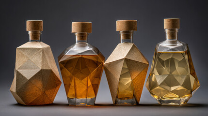 Row Of Four Geometric Glass Bottles With Corks