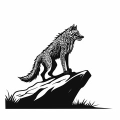 Fototapeta premium Ferocious wolf monster sits on a large rock while stalking its prey image vector isolated on white background.