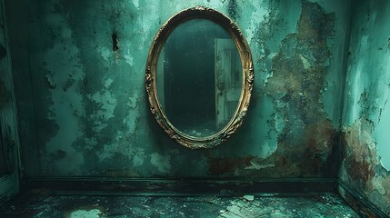 A close-up photograph of a cracked, old mirror and a dusty floor against a peeling turquoise wall