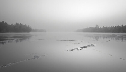 Fototapeta premium Monochrome Landscape with Water, Trees, and Fog