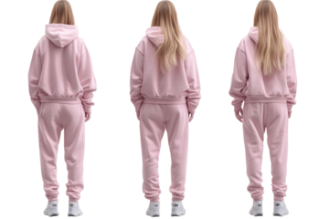 Pink aesthetic loungewear set with blonde hair back view on black backdrop on transparent background