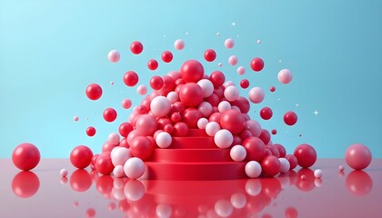 A vibrant display of red and white spheres cascading down a red staircase against a light blue backdrop