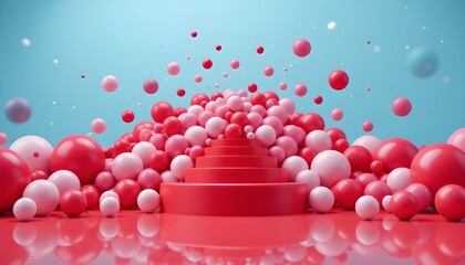 A red tiered platform surrounded by pink and red spheres against a blue background rendering