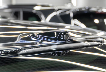 Lidar sensor, which enables autonomous driving, on a electric car. Sensors, camera, lidar on the roof of a self-driving car. Camera from the Lidar driving assistance system on a Chinese electric car.