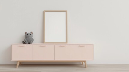 Poster mockup in minimal nursery design, wooden frame on white interior background, 3d render