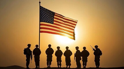 Silhouette of American flag and soldiers against sunset, for patriotic promotion and military - related designs