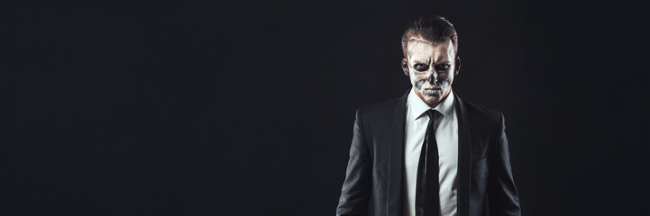 Fototapeta premium Businessman with Skull Makeup Wide Banner with Copy Space