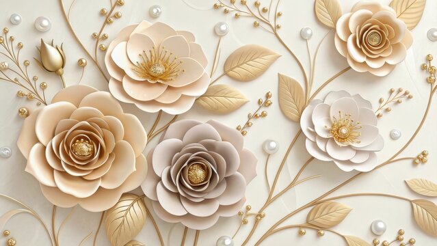Collection of embossed flowers with gold leaves and pearl accents