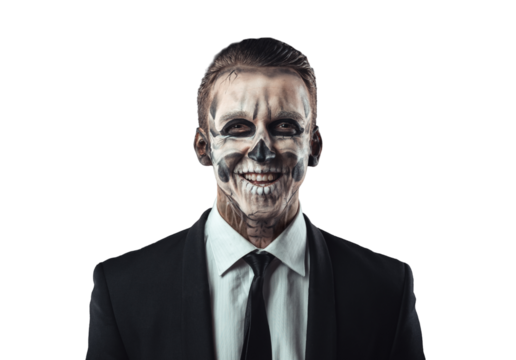 Smiling Man with Skull Face Paint in Formal Suit