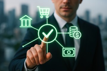 Financial Technology Approval: A modern business person interacts with a sophisticated digital interface, featuring approval confirmation amidst icons of finance and commerce.