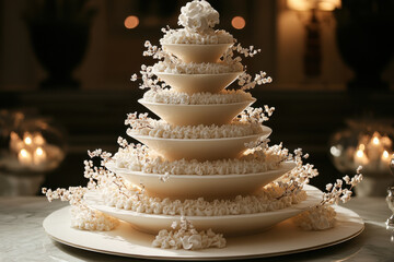 Wedding cake adorned with white flowers on top.