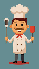 A chef is holding a spatula and a fork in a smiling pose. Concept of warmth and hospitality, inviting the viewer to imagine enjoying a delicious meal prepared by the chef