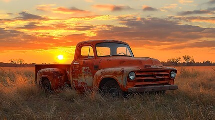 A photograph of an old, rusty vintage pickup truck abandoned in a dry, grassy field during a beautiful and dramatic golden sunset