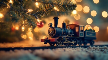Nostalgic vintage toy train resting on snowy tracks with twinkling Christmas tree lights creating magical festive bokeh background