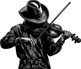 Vintage street musician playing violin engraving for retro design and poster