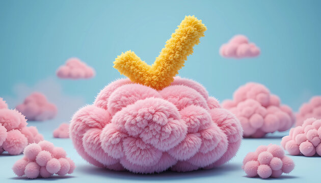 A fluffy pink cloud with a yellow check mark on top against a light blue background with more clouds