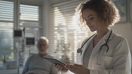 Female doctor explaining medical test results to patient with digital tablet in bright consultation room