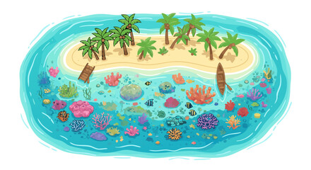 Fototapeta premium Vibrant tropical island surrounded by colorful coral reef with lush palm trees and crystal-clear waters capturing a lively marine and coastal