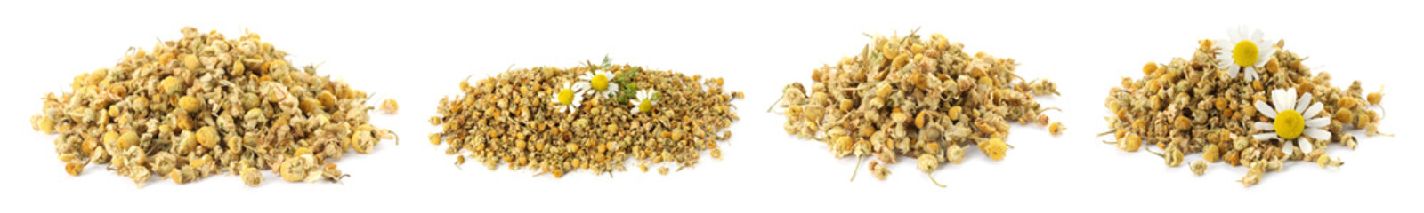 Dried chamomile flowers isolated on white, set