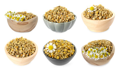 Dried chamomile flowers in bowls isolated on white, set