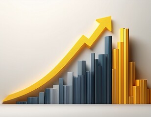 3d bar chart with upward trending yellow arrow isolated on white background