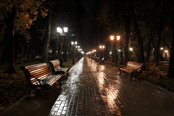 Night alley in autumn city park with benches and light lanterns, wet after rain