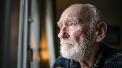 Contemplative elderly man with white beard gazing pensively out window, soft light illuminating weathered face and capturing moment of deep reflection and quiet introspection