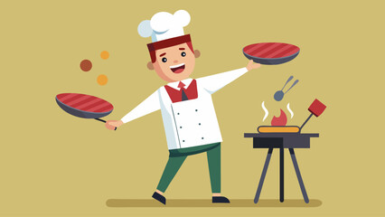 A chef is holding a spatula and a tray of food. He is smiling and he is happy