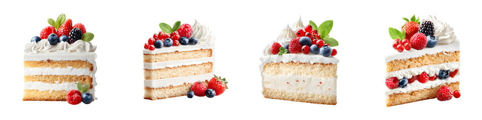 Four Delicious Slices of Berry Cake Isolated on White