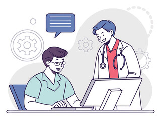 Two doctors sitting at a table in the office. Healthcare concept. Cartoon style illustration.