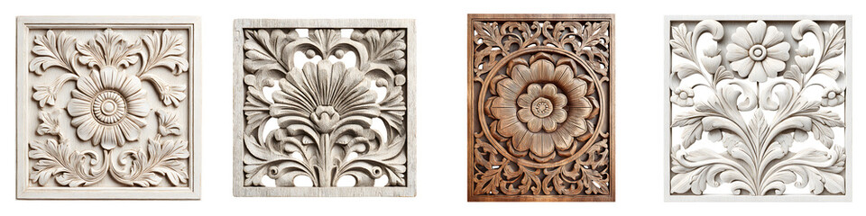 Set of Ornate Floral Carved Panels Isolated on White