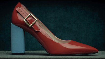 Red Patent Leather High Heel Shoe With Blue Heel