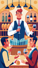 Obraz premium A man in a chef's hat is standing behind a bar with a woman and a man in front of him. The man in the chef's hat is holding a wine glass and smiling
