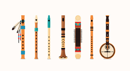 Collection of colorful traditional flutes and wind instruments with diverse designs and vibrant patterns suitable for cultural and musical context
