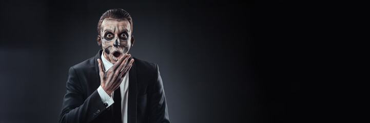 Surprised Skeleton Makeup Man Wide Banner with Copy Space