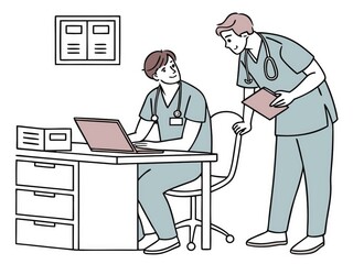Two doctors sitting at a table in the office. Healthcare concept. Cartoon style illustration.