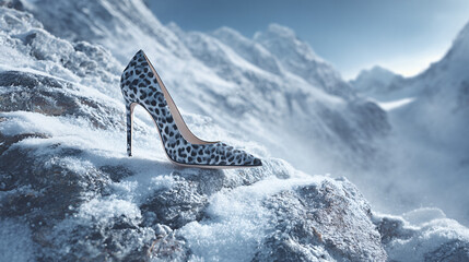 Elegant High Heel Leopard Print Shoe On Snowy Mountain