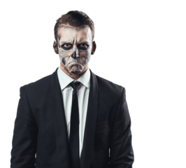 Man with Skull Face Paint in Suit on Transparent Background