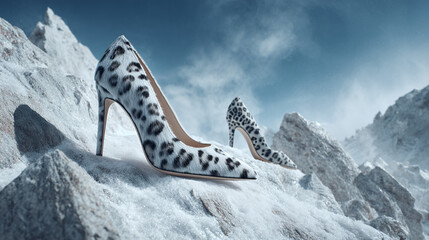 Pair Of High Heel Leopard Print Shoes On Snowy Mountain